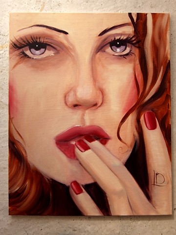 Oil Painting of Violet a beautiful sensual woman with red lips and fingernails.