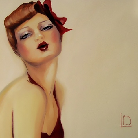 A vintage style female pin up, with cherry red lips, oil on canvas by contemporary artist, Linda Boucher