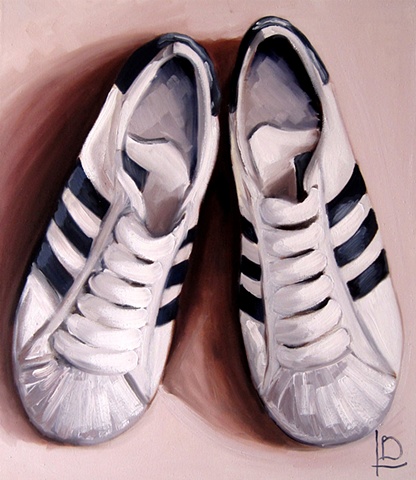 Oil painting of classic adidas superstar shelltoes by Brighton artist Linda Boucher, working from her seafront studio in kings road arches.