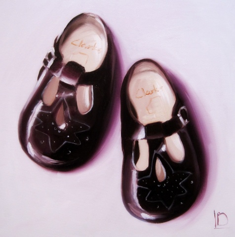 vintage baby shoes from Clarks First Steps range, painted in oils on canvas. Perfect Christening gift, or memento of a precious time.