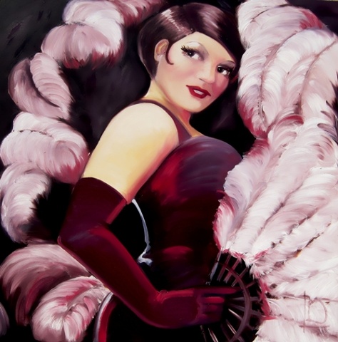 Ostrich feather fan, a purple velvet bodice, and long matching evening gloves bring a burlesque feel to this portrait. Oil on canvas, this painting is by Linda Boucher