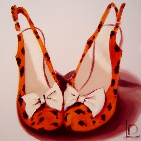 Leopard skin is my favorite animal print, and the sling backs in this oil painting wear it so well. Gallery wrapped canvas, fine art painting by Linda Boucher