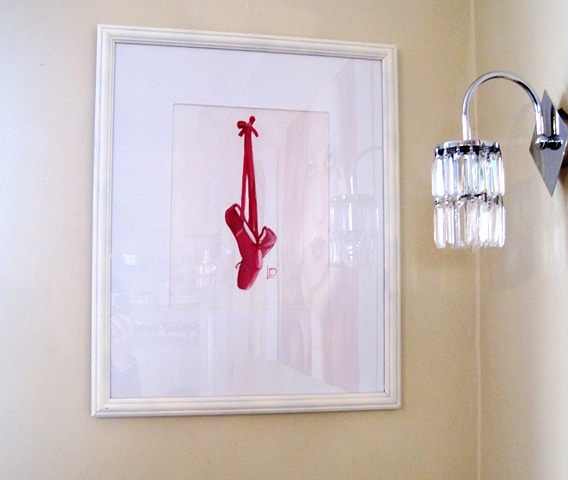 crimson red satin ballet shoes on a small canvas board painted in oils by Brighton artist Linda Boucher