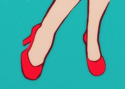 Vibrant pop art style illustration of red shoes on a vivid turquoise background. Simple and bold art work by Linda Boucher for StockingTops Art.
