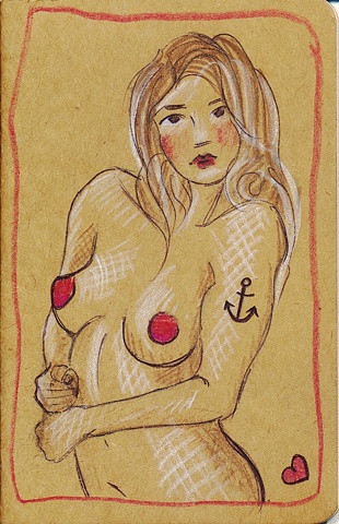 Influenced by saucy postcards, the cover of this unique Moleskine journal features a nude woman, complete with anchor tattoo. By Linda Boucher for the Stocking Tops range.