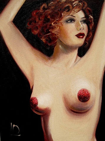 A beautiful burlesque dancer, with blue eyes, curled hair and red sparkly pasties. Large canvas, oil by Linda Boucher, Brighton based artist.
