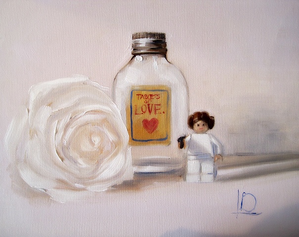 Small original painting in oil on canvas board, of small lego star wars figure Princess Leia, and empty bottle of love pills and a single white rose, by Brighton artist Linda Boucher.
