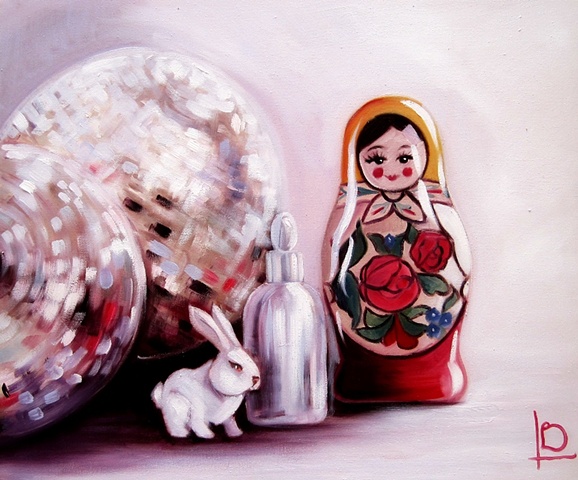 Oil painting of traditional matryoshka russian doll and bunny by Brighton artist Linda Boucher, on gallery wrapped canvas.