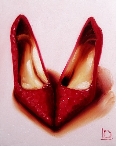 love shoes is an original oil painting of sparkly red shoes, by Linda Boucher. These glitter covered heels form a heart shape, and were painted in Linda's brighton seafront studio in kings road arches