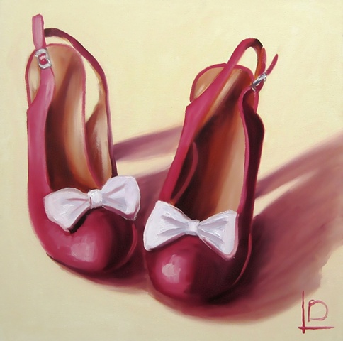 red shoes with white bows oil painting by Brighton artist Linda Boucher