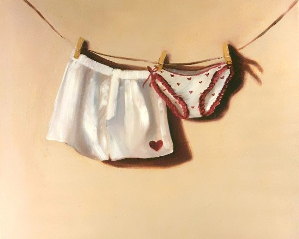 Love and romance can be found in the most unlikely places, and these adorable boxers and panties are a cute couple. An oil painting by Linda Boucher, these are perfect for couples who are madly in love