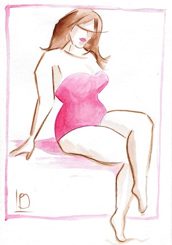 original sketch by Linda Boucher of a curvaceous nude wearing a pink bustier. Available to buy online or through my Brighton Seafront studio.