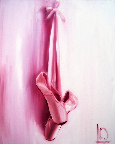 Cherry Blossom pink satin ballet pointe shoes, hanging up after the show. This is an original oil painting by Linda Boucher, on gallery wrapped canvas.