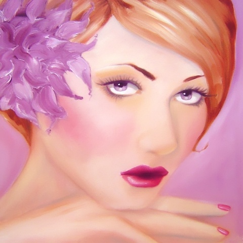 A painting of a beautiful red head, with delicate long eye lashes, long tapered fingers, and a lilac flower in her hair. This original oil on canvas was painted by Linda Boucher, in her Brighton studio.