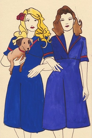small sketch of two girls dressed in vintage dresses carrying a sausage dog. By Brighton artist Linda Boucher