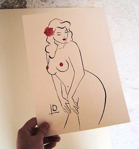 Original watercolour painting of a beautiful curvaceous nude in black and white with red lips by brighton painter linda boucher