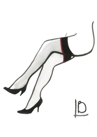 An original artwork by Linda Boucher for StockingTops art. Long stockinged legs wearing black stiletto shoes, this is a 1950s style illustration.