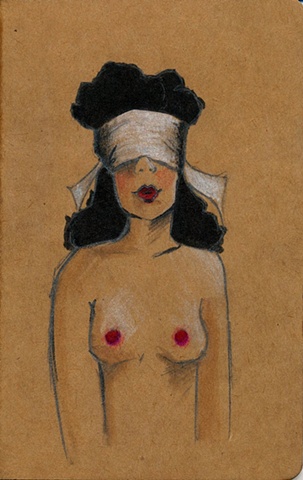 A quirky illustration of a blindfolded woman with deep red lips and raven black hair. A unique Moleskine Cahier journal forming part of the Stocking Tops range by Linda Boucher