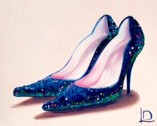 Brilliant cobalt blue heels that positively sparkle. Original oil painting on canvas, by Linda Boucher