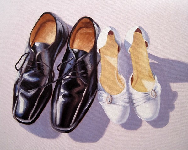 pair of wedding shoes painted in oils commissioned as a gift for bride and groom, from brighton artist linda boucher