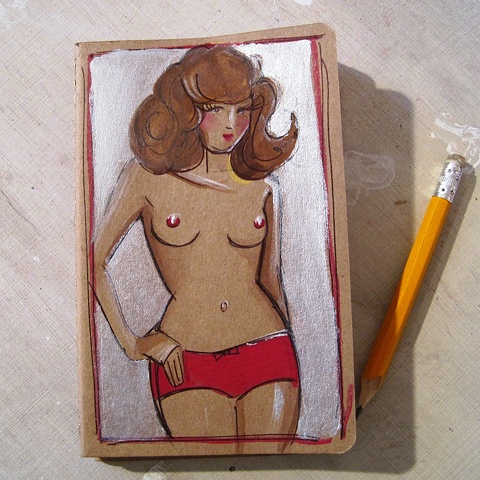 hand illustrated moleskine notebook featuring a nude, wearing nothing but her Super Pants, by Linda Boucher.