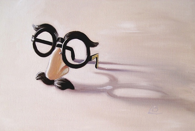 groucho marx joke glasses painted in oils on small format canvas board by Brighton artist Linda Boucher