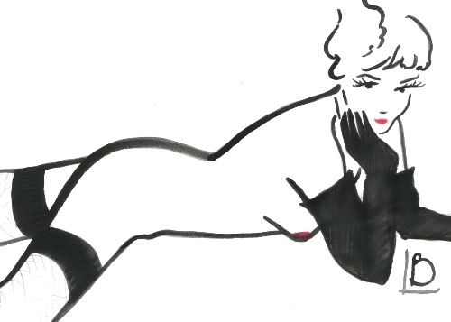 Handmade illustration of a female nude, wearing long black evening gloves, fishnet stockings and an enigmatic smile. by Linda Boucher for Stocking Tops Art.