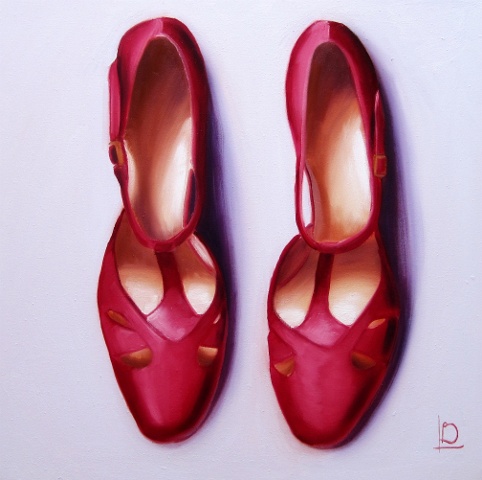 Original oil painting of red t-bar shoes by Brighton Artist Linda Boucher. Deep red coloured shoes, with small golden buckles on a pale lavender coloured background.