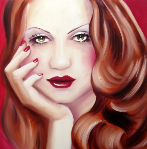 oil on canvas painting of a gorgeous woman with beautiful green eyes, and deep red lips, by Brighton artist Linda Boucher.