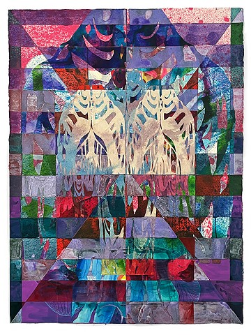 A paper based painting by Anahita Vossoughi made with layers of paper and water based media. This piece depicts abstracted torsos in an abstracted atmospheric space.