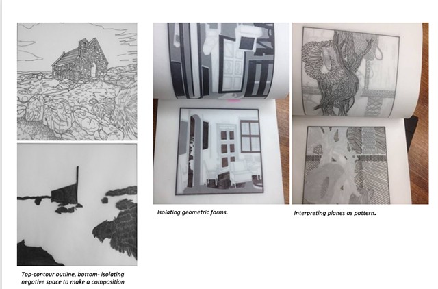 Artist book with tracings each image (21 pages) utilizes an Two-Dimensional Design: isolated line/shape element each page,