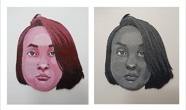 Two-Dimensional Design: Laser Cut twin portraits, Identical Monochromatic and Value applications,
