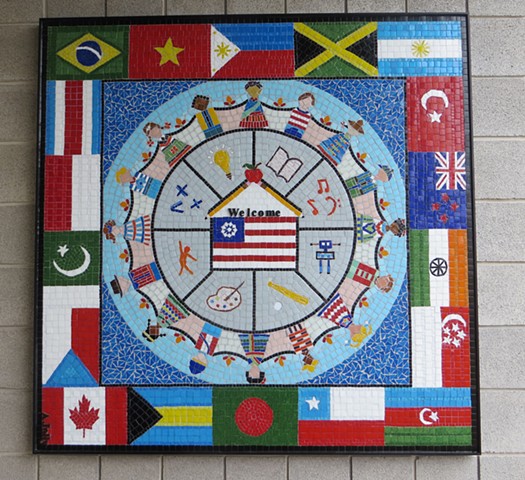 flags, children, boys, girls, international, school, red, green, mosaic