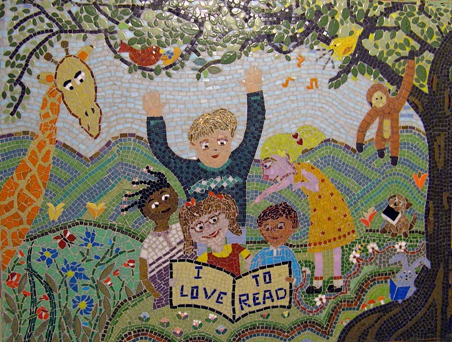 children, kids, read, reading, book, books, rabbit, tree, monkey, giraffe, bird, birds, singing, garden butterfly, bumblebee, mosaic flowers, anju jolly mosaics
