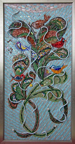 birds, pearls, mustard, tree, god, parable, blue, mosaic