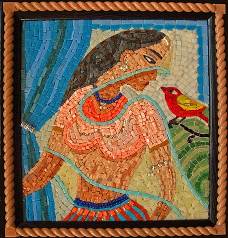 Indian, woman, bird, veil, mosaic, red, blue curtain, freedone, transparent scarf