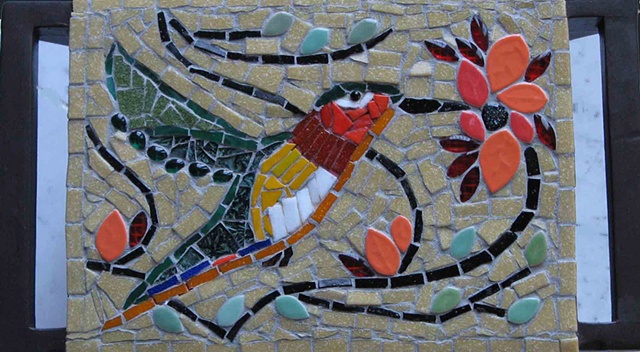 hummingbird, mosaic, leaves 