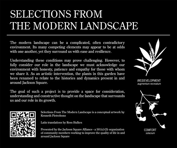 Selections From The Modern Landscape (Jackson Square)

Installation Shot
Entrance signage