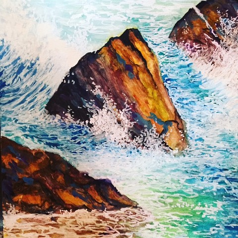 Seascape by Michael Grant "On the Rocks" 9x12 watercolor framed and matted