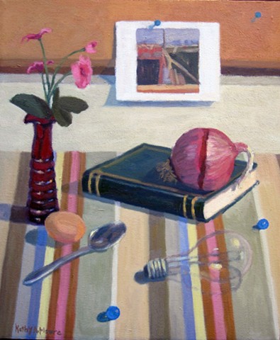 Red Vase, Striped Cloth with Onion