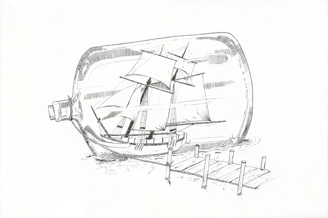meghan nelson, art, pen and ink, whimsical, ship in a bottle, dock,