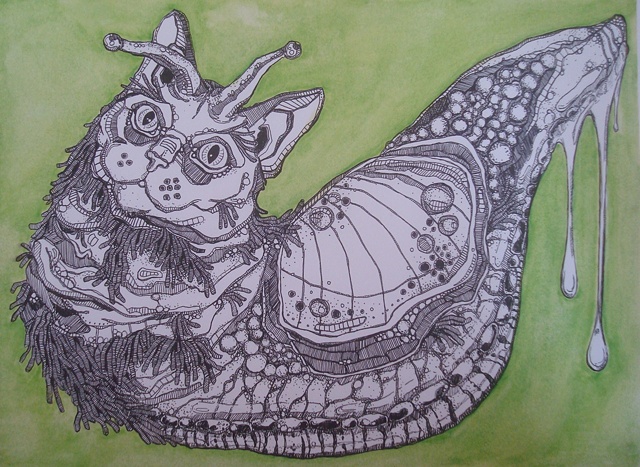 meghan nelson, art, pen and ink, whimsical, kitty cat slug, creature,