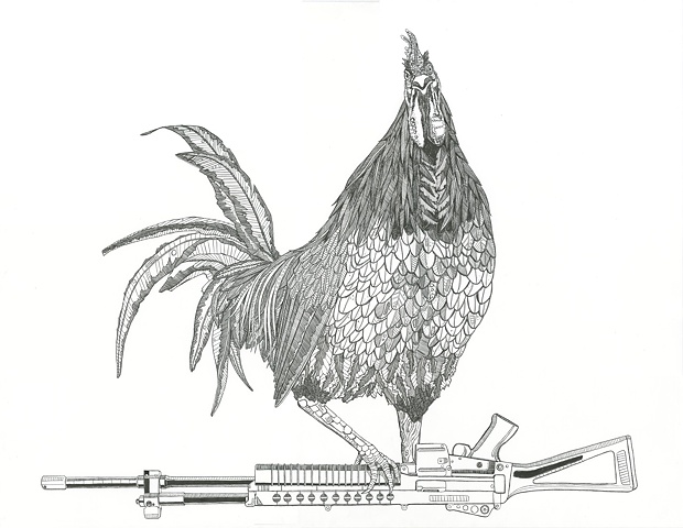 meghan nelson, art, pen and ink, whimsical, rooster, peg leg, rifle