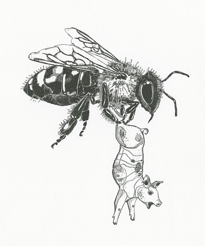 meghan nelson, art, pen and ink, whimsical, giant bees, carrying, farm animals, pig,