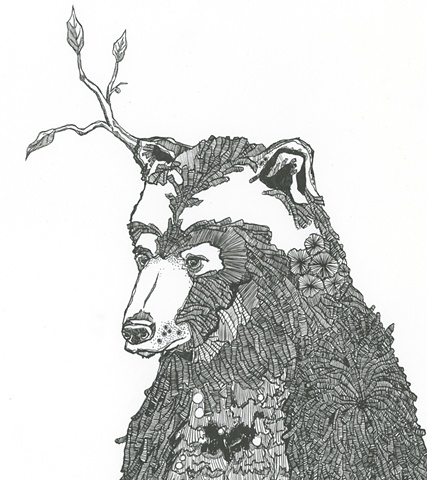 meghan nelson, art, pen and ink, whimsical, bears, in boots, turning into trees,