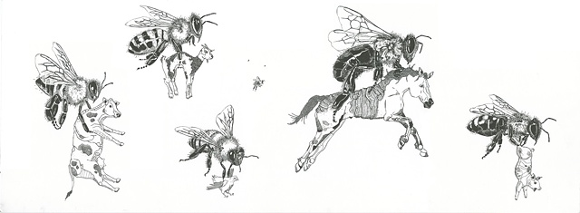 meghan nelson, art, pen and ink, whimsical, giant bees, carrying, farm animals,