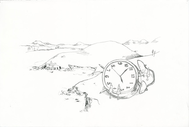 meghan nelson, art, pen and ink, whimsical, giant alarm clock, landscape,
