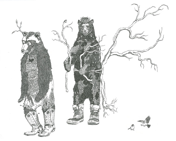 meghan nelson, art, pen and ink, whimsical, bears, in boots, turning into trees,