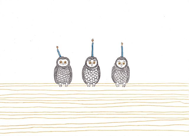 owls, candles, birthday, meghan nelson, art, pen and ink, drawing, whimsical