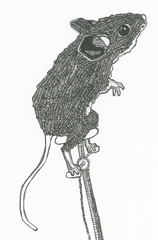 meghan nelson, art, pen and ink, whimsical, mouse, tall unicycle,